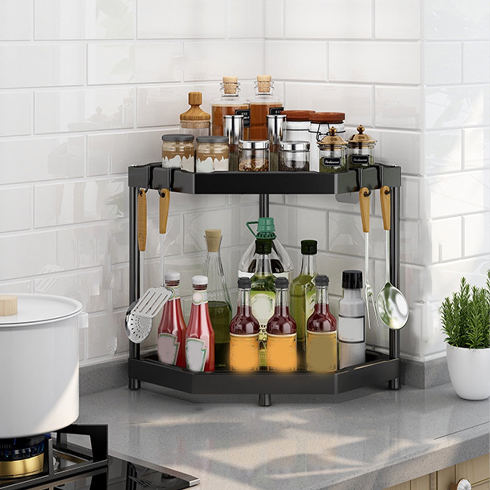 Ikohbadg 2-Tier Corner Shelf, Black, Durable Kitchen Organizer