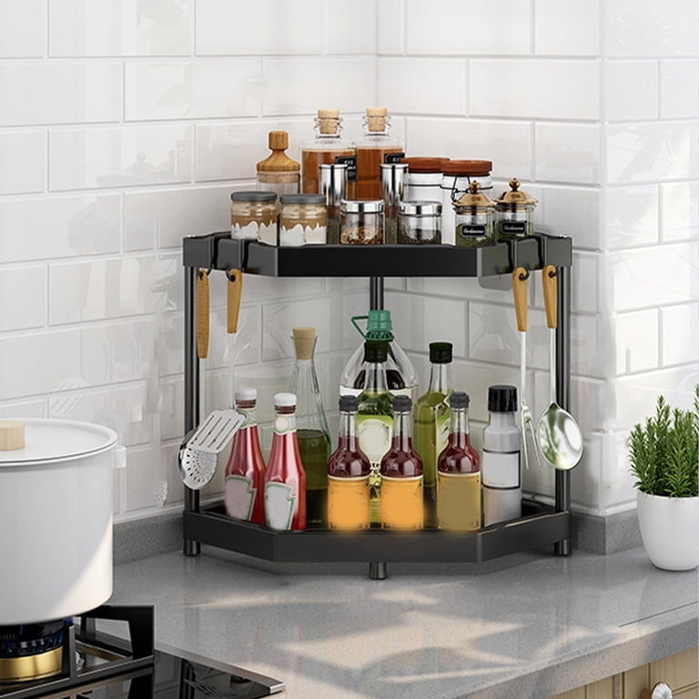 kitchen corner shelf organization pantry spice jars coffee station