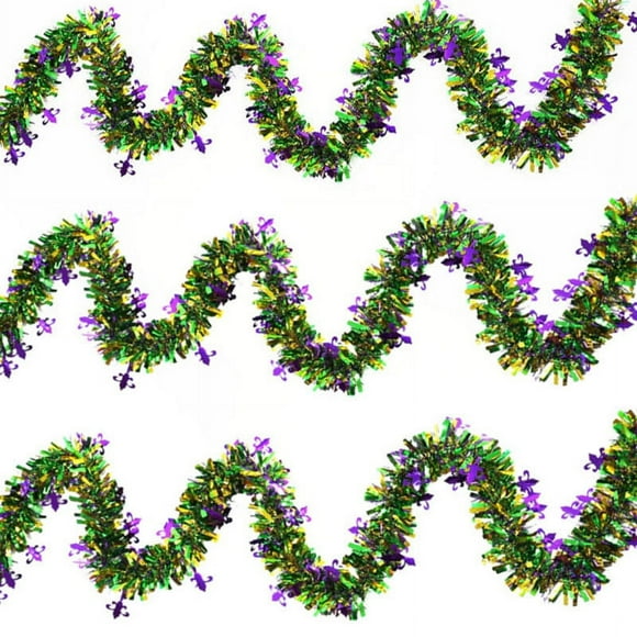 Ikohbadg 33 Feet Mardi Gras Tinsel Garland Decorations Purple Green Gold Metallic Festooning Garland Glittering Sparkling Hanging Decoration for Mardi Gras Party Indoor Outdoor Decoration