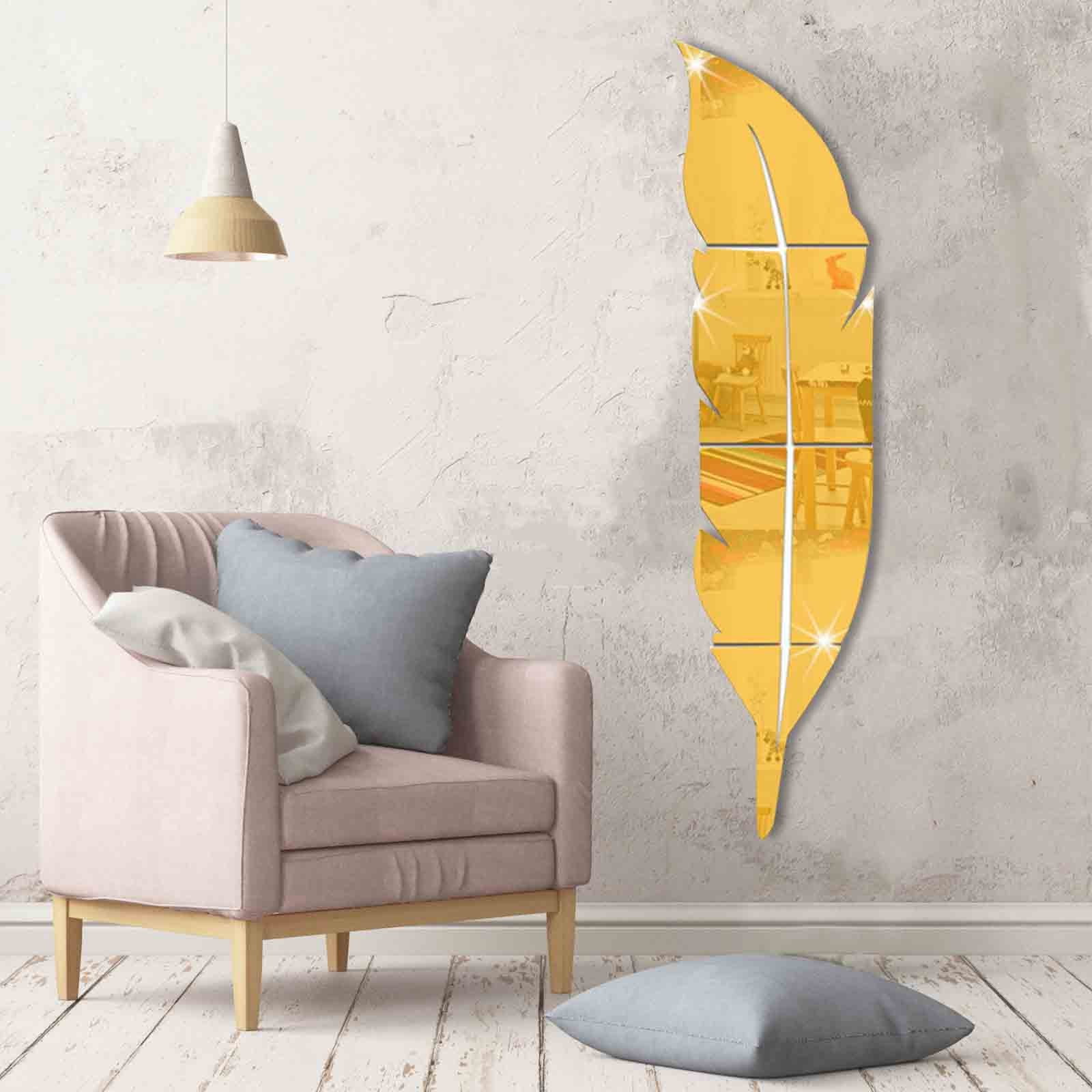 Ikohbadg 3D Acrylic Mirror Wall Decor Stickers, 28.7 x 7.1 Inches Feather Shaped DIY Self-Adhesive Wall Art Decals, Home Decorations for Living Room, Bedroom, Bathroom, Farmhouse, Gold