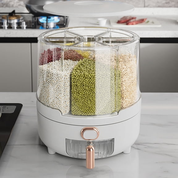 Ikohbadg 6-Grids Rice and Grain Storage Container, 360° Rotating Food Dispenser Measuring Cylinder with Lid Moisture Resistant Household, Airtight Storage of Black Rice, Yellow Rice and Other Beans