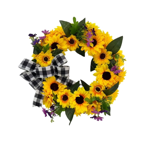 Ikohbadg Artificial Sunflower Wreath for Front Door Decor, Summer Farmhouse Decoration with Plaid Bow, Durable Faux Floral Wreath for Home Entryway and Wall Display