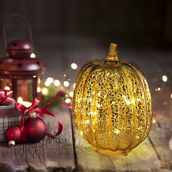 Ikohbadg Autumn Glow: Glass Home Decor with Pumpkins, LED Lights for Thanksgiving, Halloween, and Nighttime Ambiance (Batteries Not Included)