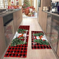 Ikohbadg Christmas Kitchen Rugs, Merry Christmas Kitchen Mats for floor Set of 2, Christmas Plaid Kitchen Rugs and Mats Non Slip Washable, Let it Snow Holiday Decor for Home Laundry, 16x24 16x48 In