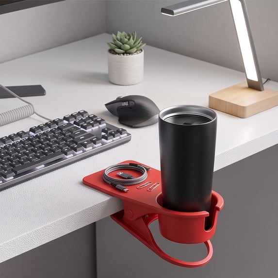 Ikohbadg Drink Cup Holder Clip, Table Desk Side Water Glass Beer Bottle Beverage Soda Coffee Mug Holder Cup Saucer Clip Design for Home Office, Red
