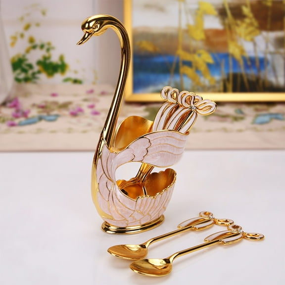 Ikohbadg Elegant Metal Spoon Set with Base for Dining and Decor, Gold and White Tableware Set of 6 Spoons on Base, Sophisticated Table Decoration Spoon Set for Gifts