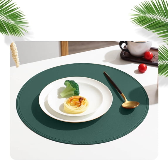Ikohbadg Faux Leather Placemats and Coasters, Round Leather for Dinner Table Mats Heat Resistant Non-Slip Washable Insulation Coffee Mats Kitchen Place Mats Nordic Style, 15 x 15 Inches, Green