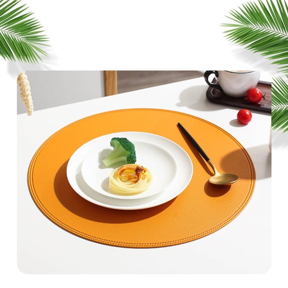 Ikohbadg Faux Leather Placemats and Coasters, Round Leather for Dinner Table Mats Heat Resistant Non-Slip Washable Insulation Coffee Mats Kitchen Place Mats Nordic Style, 15 x 15 Inches, Yellow