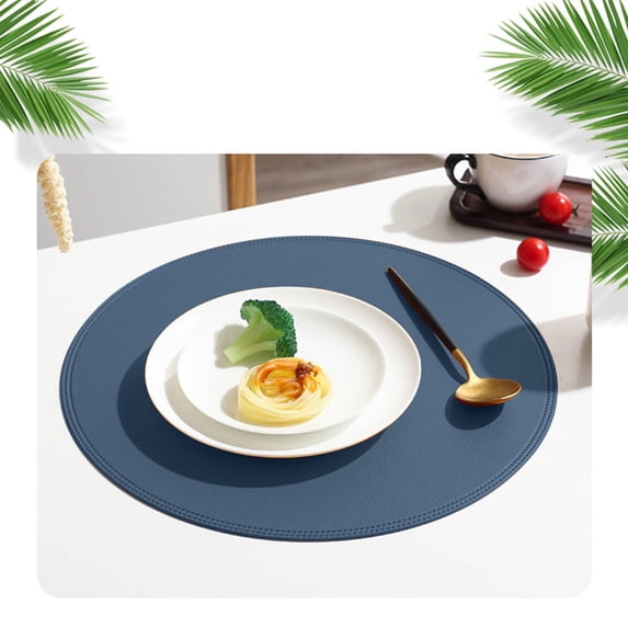 Ikohbadg Faux Leather Placemats and Coasters, Round Leather for Dinner Table Mats Heat Resistant Non-Slip Washable Insulation Coffee Mats Kitchen Place Mats Nordic Style, 15 x 15 Inches, Blue