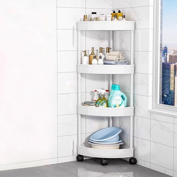 Ikohbadg Four Layer Movable Corner Rack, Bathroom Storage Shelf for Kitchen, Living Room & Bathroom, Lightweight Plastic Organizer with Wheels, Multi-functional Storage Solution