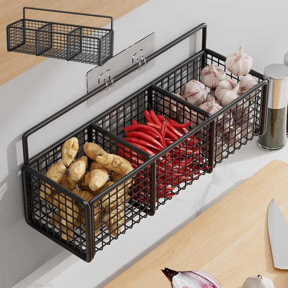 Ikohbadg Ginger & Garlic Organizer, Kitchen Rack Storage Wall Box, Punch-Free Wall Drains Basket for Seasonings, Rustproof, Easy to Install, Strong Load Capacity