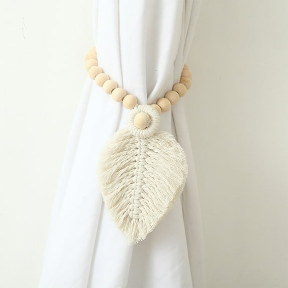Ikohbadg Hand-Woven Wooden Bead Cotton Rope Curtain Tiebacks, Decorative Door Curtain Holdbacks for Home Decor, Boho Chic Style, Set of 2, Ideal for Living Room, Bedroom, and Office