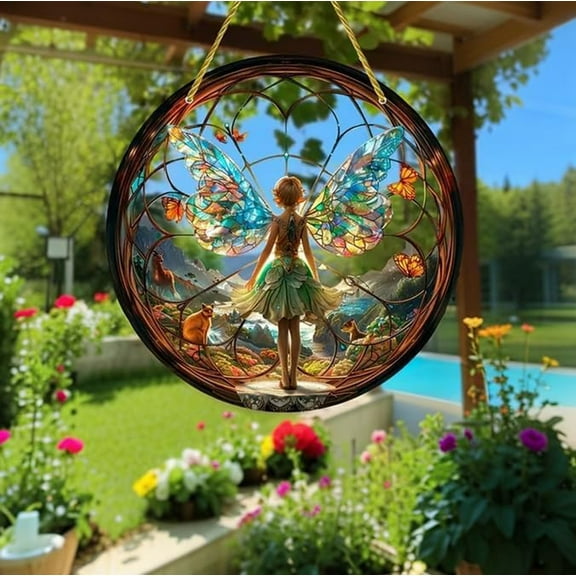 Ikohbadg Magic Forest Fairies Suncatcher, Stained Glass Effect Home Decor, Beautiful Light Catcher for Windows, Unique Fairy Charm, Perfect Gift for Nature Lovers and Home Aficionados
