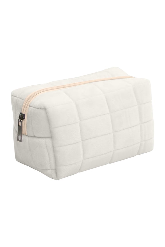 Makeup Bag Checkered Cosmetic Bag Plush Makeup Pouch Large Capacity Makeup Bags and Makeup Brushes Storage Bag Travel Toiletry Bag Organizer White
