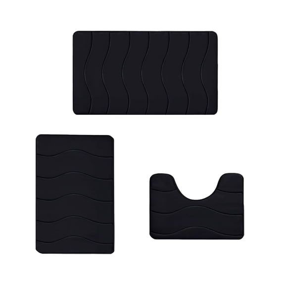Ikohbadg Memory Foam Bathroom Rug Sets 3 Piece, Ultra Absorbent Bath Mat for Bathroom, Non-Slip Machine Washable & Dry Quickly, 3 Piece Bathroom Mat Set for Kitchen Tub Shower, Black