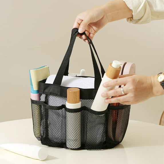 Ikohbadg Mesh Shower Caddy Bag, Mesh Beach Bag Tote for Women with Multiple Pockets, Portable Swimming Beach Tote Lightweight Pool Bag, Vacation Beach Accessories Large Capacity Mesh Bag, Black