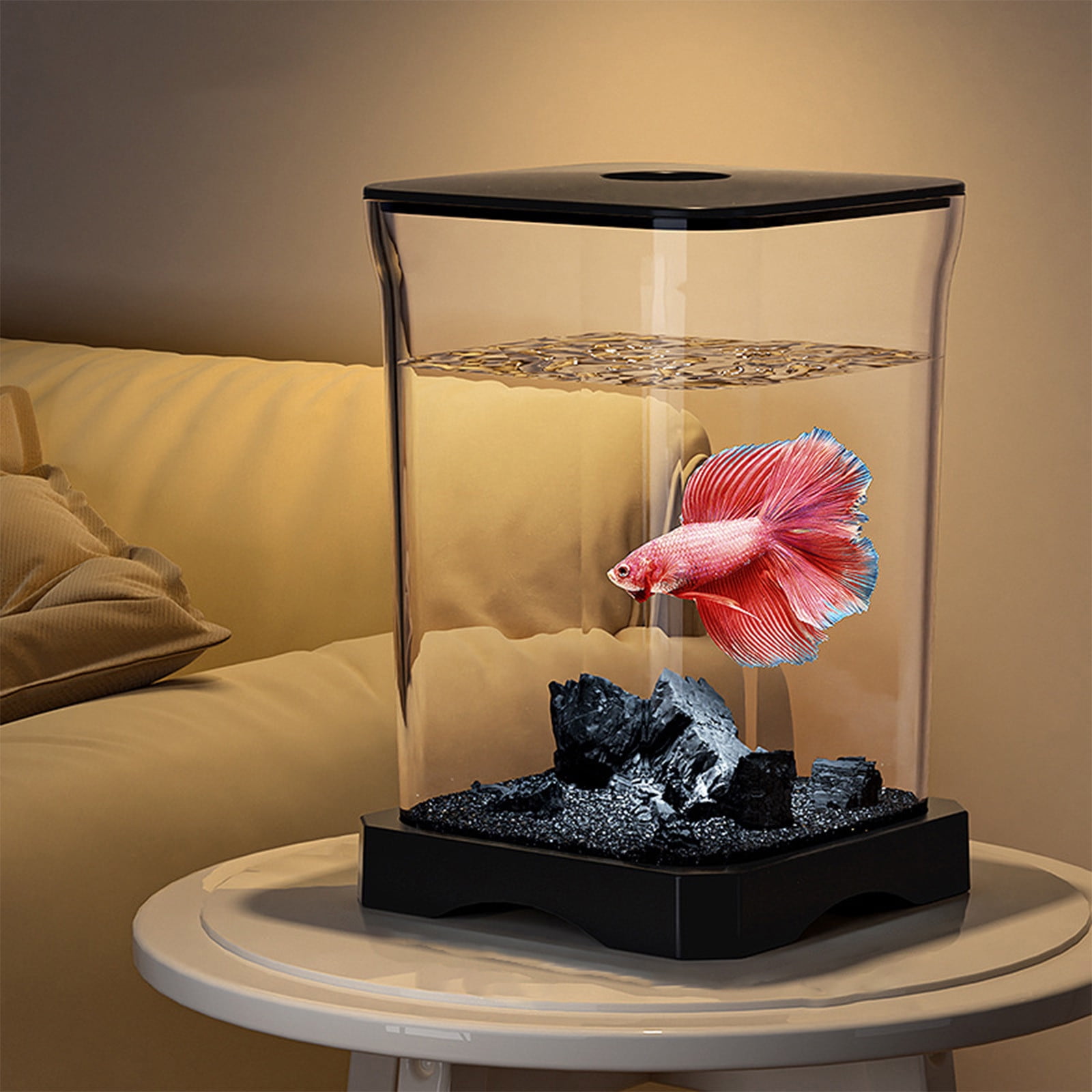Ikohbadg Mini Self-Cleaning Aquarium LED Cube Ecosystem, Desktop Aquarium Starter Kit LED Lighting Design, Fake Fish Tank Mini Aquarium, Fake Aquarium Decorative Lamp, Gift for Kids, Black