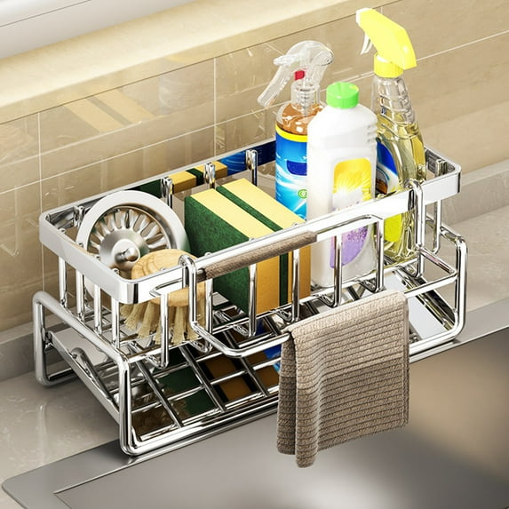 Ikohbadg Sponge Holder for Kitchen Sink, Sink Caddy Organizer Self-Draining, Kitchen Countertop Organizers and Storage Essentials, Rustproof 304 Stainless Steel, Soap Dispenser Organize, Silver