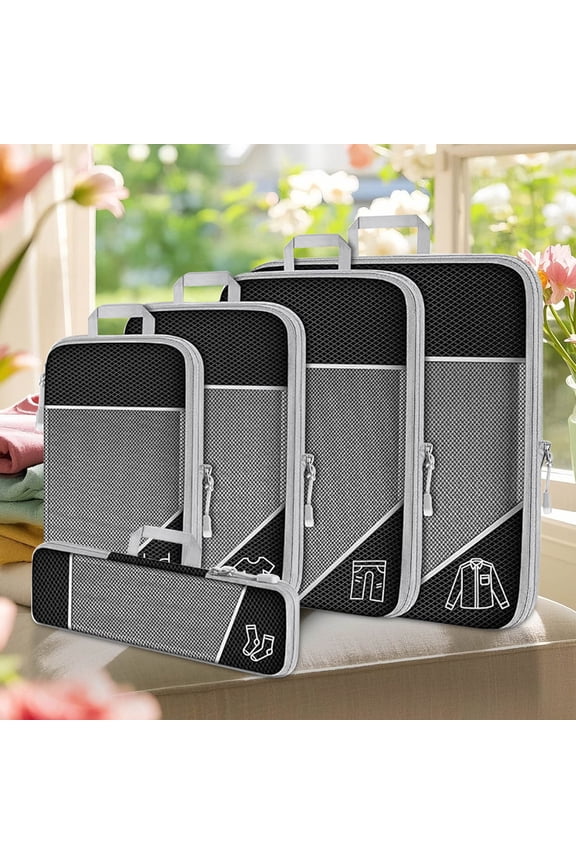 Packing Cubes Set of 5, Compression Suitcase Organizer Bags for Travel Accessories, Clothes Storage, Luggage Packing System, Waterproof Nylon Travel Bags