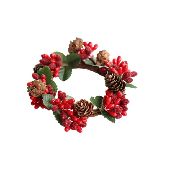 Ikohbadg Personalized Artificial Wreath Candleholder, Decorative Wall Hanging Ornament for Home Decor, Holiday Accents with Red Berries and Pinecones, Festive Tabletop Centerpiece