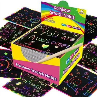 Ikohbadg Rainbow Scratch Mini Art Notes, 100 Magic Scratch Paper Note Cards for Kids Toy Arts Crafts DIY Party Favor Supplies for Girls Boys Birthday Halloween Christmas Stocking Stuffer Gift Box
