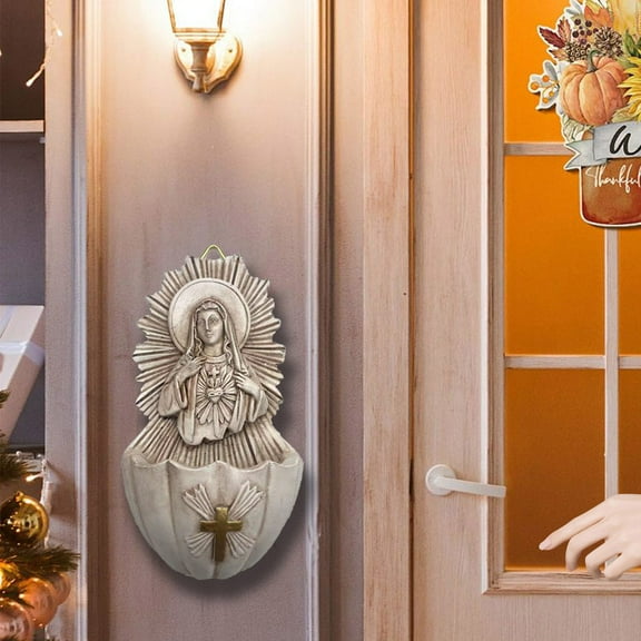 Ikohbadg Sacred Heart of Mary Holy Water Font, Resin Catholic Wall Hanging for Home Entrance, Religious Gift for Blessings and Protection, Beautiful Decorative Accent Home Wall Hanging