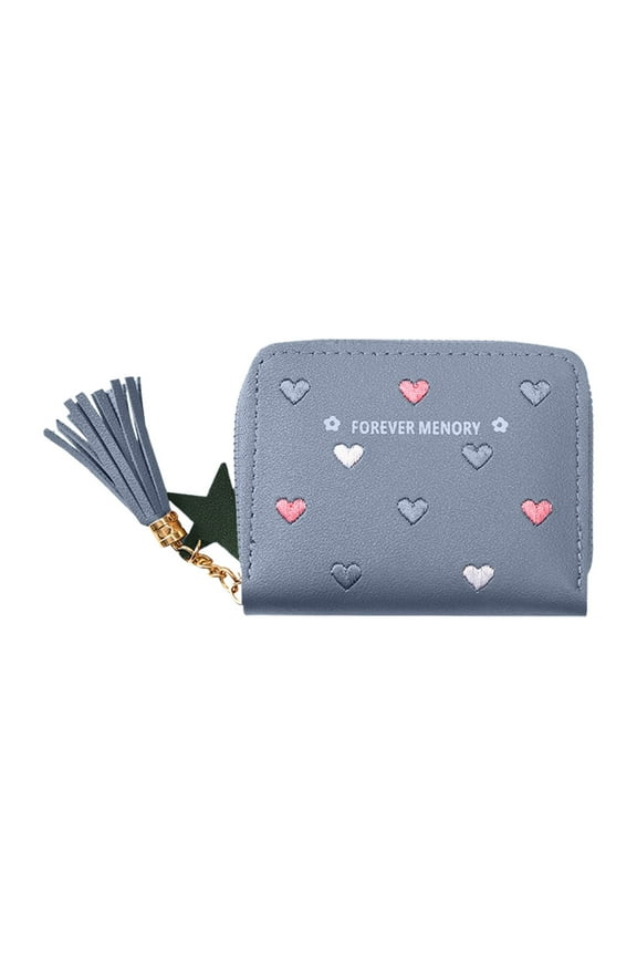 Womens Wallet with Zipper, PU Leather Women's Wallet with Card Slots, Credit Card Holder Small Wallet with Heart-embroidery Cute Wallet with Star Tassels Pendant, Blue