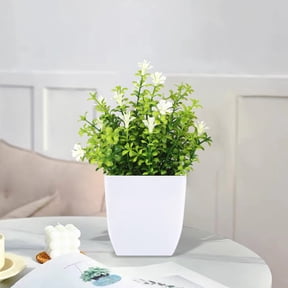 Ikohbadg Small Fake Plants Eucalyptus Flowers Artificial Small Potted Plants 7 Inches Greenery Decor for Office Home Farmhouse Bathroom Kitchen Desk Indoor Decor, White Cube Pot