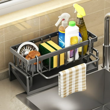 Ikohbadg Sponge Holder for Kitchen Sink with Auto Draining Tray, Plastic Sink Caddy Kitchen Sink Cocina Organizer Self Drain Dish Soap Sponge Caddy for Counter, Gray