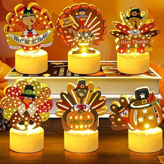 Ikohbadg Thanksgiving Turkey LED Candle Light Decorations 6 Pack Festive Pumpkin Maple Candle Holders with Flickering Flame Effect for Tabletop, Mantel, Entryway Decor, Battery Operated, Cozy Home