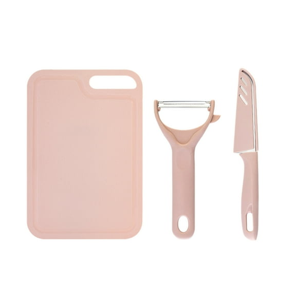 Ikohbadg Travel Cutting Board Set, 3 Pcs Portable Mini Camping Plastic Cutting Board Set & Stainless Steel Knife with Sheath, Fruits & Vegetable Peeler Knife, Pink