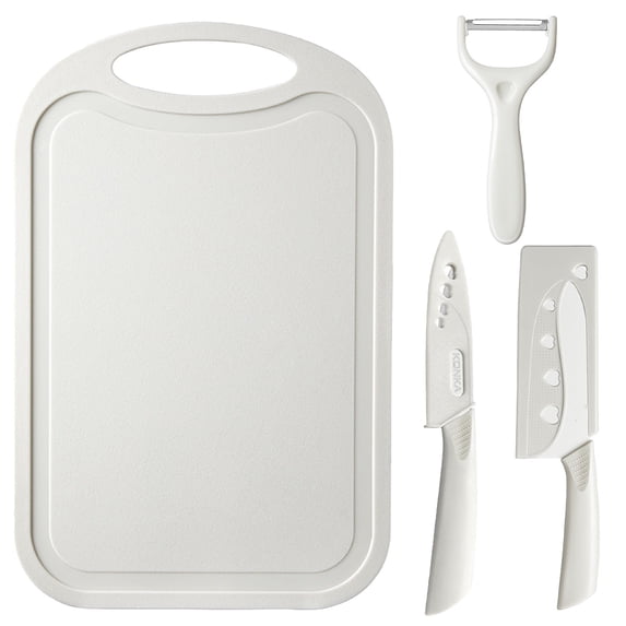Ikohbadg Travel Cutting Board Set, Kitchen Small Tool Chopping Board, 4 Pcs Portable Mini Camping Plastic Cutting Board Set & Stainless Steel Knife with Sheath, Fruits & Vegetable Peeler, White