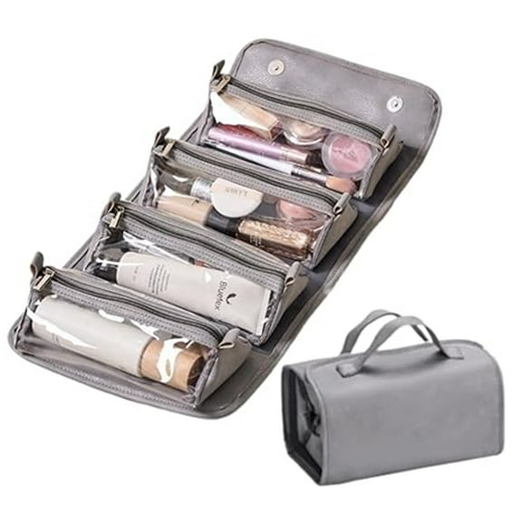 Ikohbadg Travel Toiletry Bag, 4 Detachable Clear Compartments Makeup Organizer, Hanging Cosmetic Bag, Large Capacity Roll Up Skin Care & Toiletries Storage for Travel and Business Trips