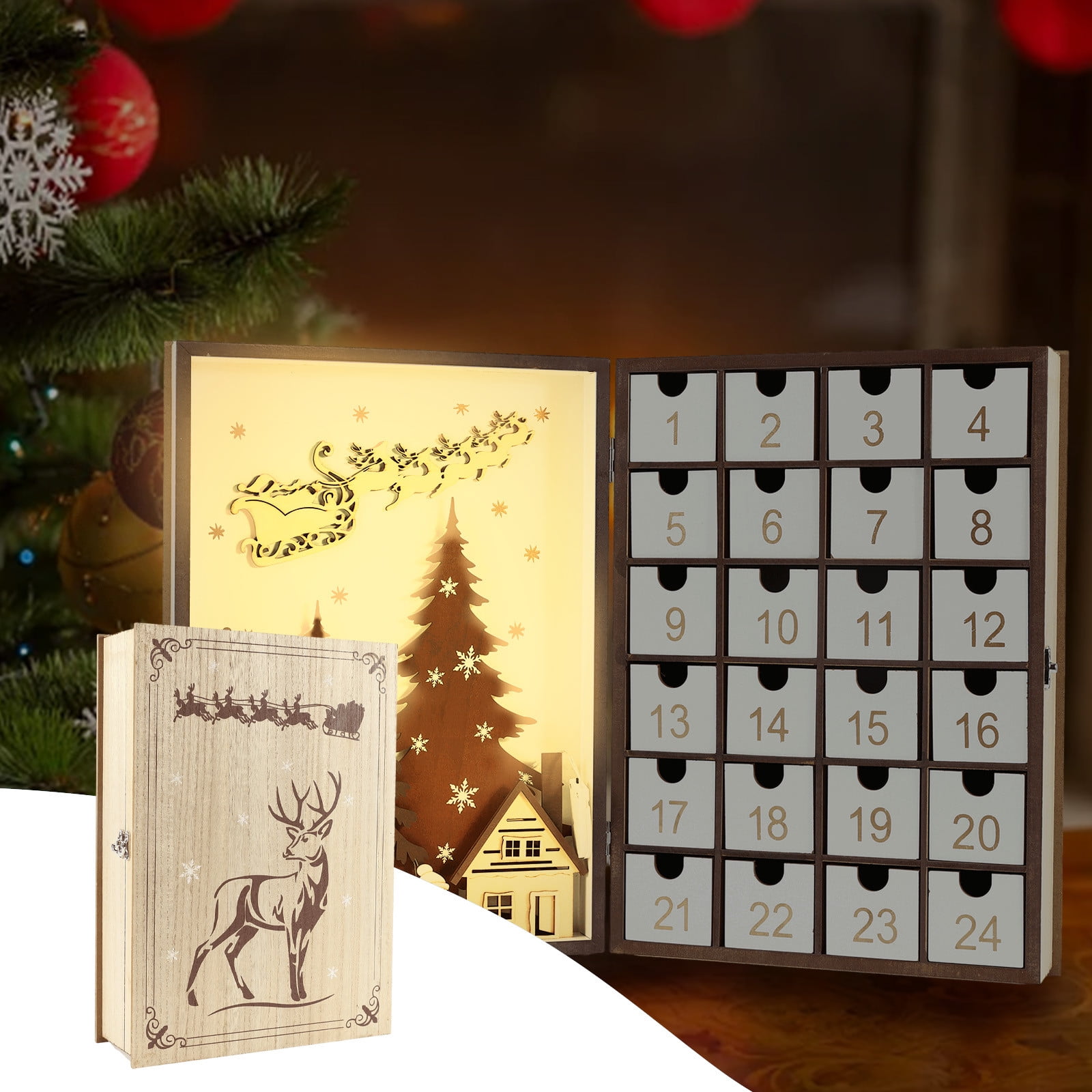 Ikohbadg Wooden Christmas Advent Calendar with LED Light and 24 Storage ...