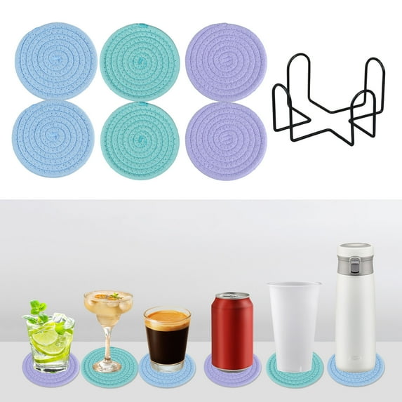 Ikohbadg Woven Round Non-Slip Cotton Placemats, 6pcs Thermal Insulation Table Coasters with Storage Holder, Durable Kitchen Trivets, Easy to Clean Hot Pads for Dining Table