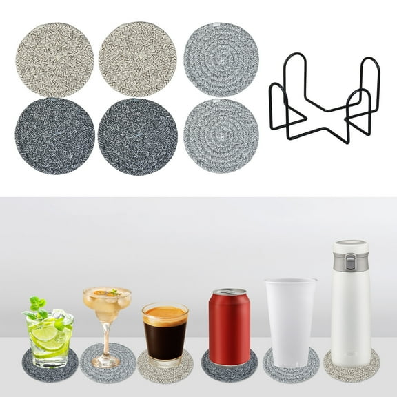 Ikohbadg Woven Round Non-Slip Cotton Placemats, 6pcs Thermal Insulation Table Coasters with Storage Holder, Durable Kitchen Trivets, Easy to Clean Hot Pads for Dining Table