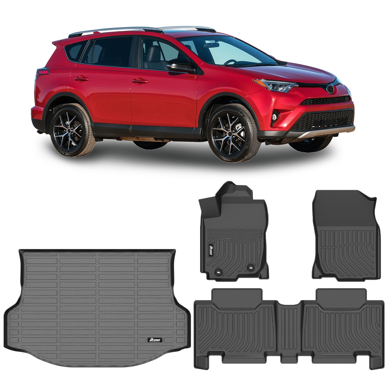Ikon Motorsports 3D Molded TPE Floor Mats + Trunk Mat Fits 2013-2018 Toyota RAV4, Black Waterproof Non-Slip Floor Liners, Front 2nd Row Carpets 4PCS