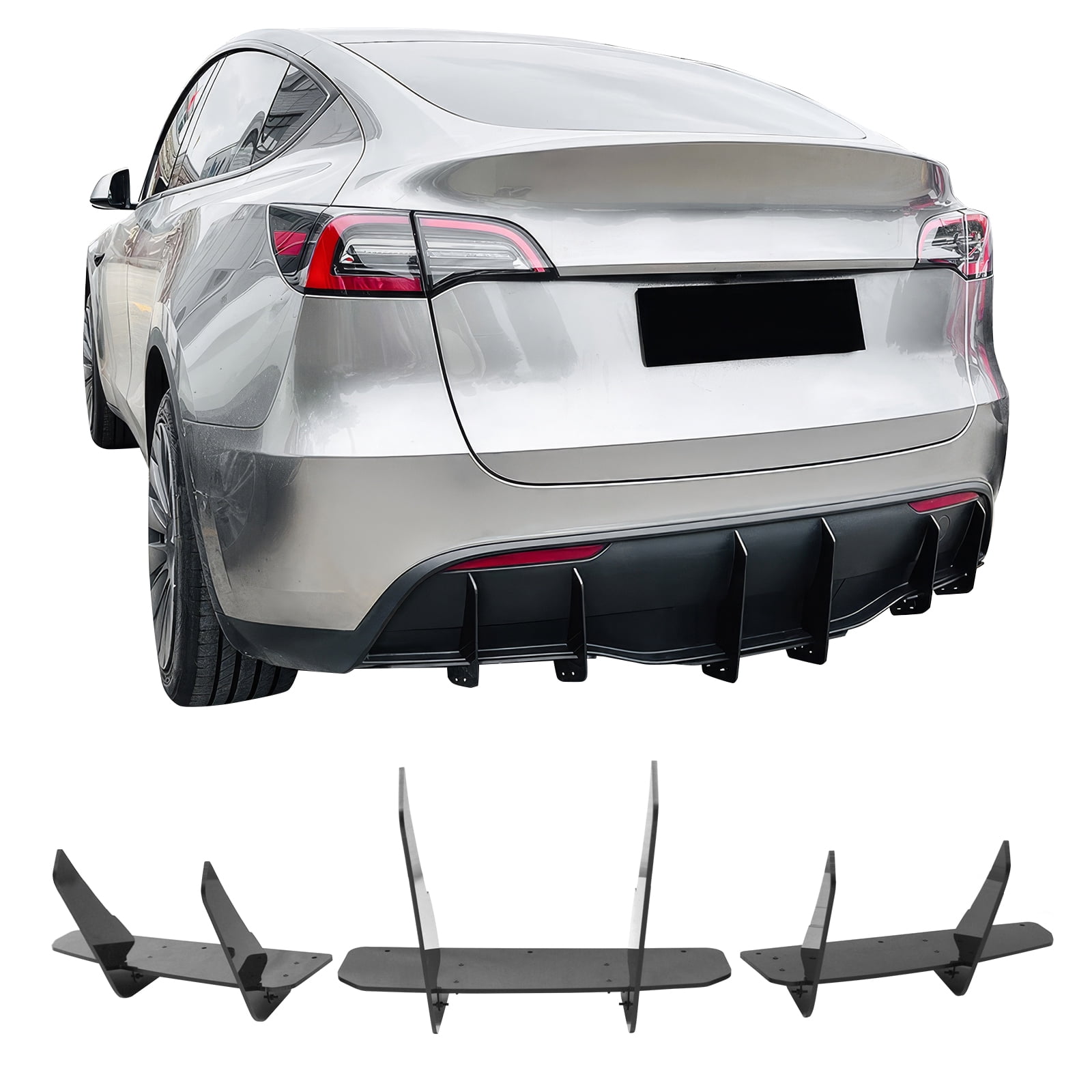 Ikon Motorsports 3PCS Rear Bumper Lip Diffuser Lower Valance Shark Fin For 2020-2025 Tesla Model Y IKON Style Painted Gloss Black ABS Plastic