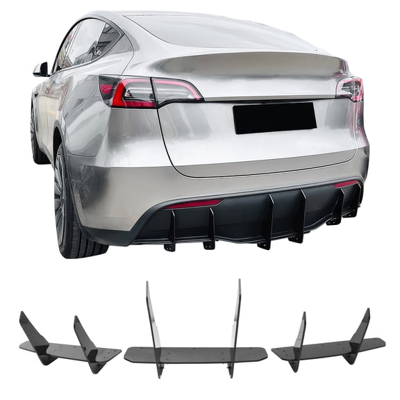 Ikon Motorsports 3PCS Rear Bumper Lip Diffuser Lower Valance Shark Fin For 2020-2025 Tesla Model Y IKON Style Painted Gloss Black ABS Plastic