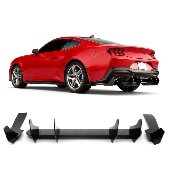 Ikon Motorsports 3PCS Rear Bumper Lip Diffuser Lower Valance Side Splitter For 2024-2026 Ford Mustang S650 EcoBoost & GT PP Polypropylene Gloss Black