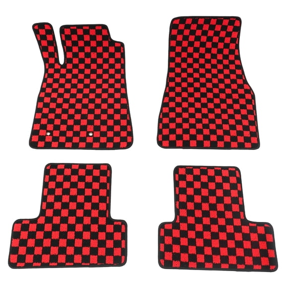 Ikon Motorsports 4PCS Front Rear Full Set Anti-Slip Floor Mats Checkered Carpets For 2005-2009 Ford Mustang, Black Red Plaid 5R3Z6313300 6R3Z6313300A