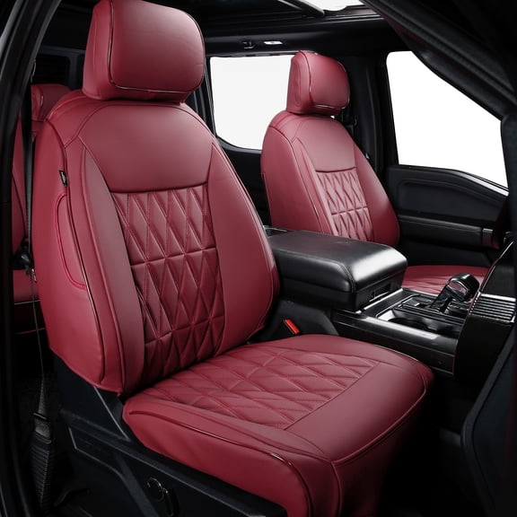 Ikon Motorsports Car Front Row Seat Covers Fits 2015-2020 Ford F-150& 2017-2022 F-250 F-350 F-450 Crew Cab, Waterproof Easy Clean PVC Seat Protector, Red