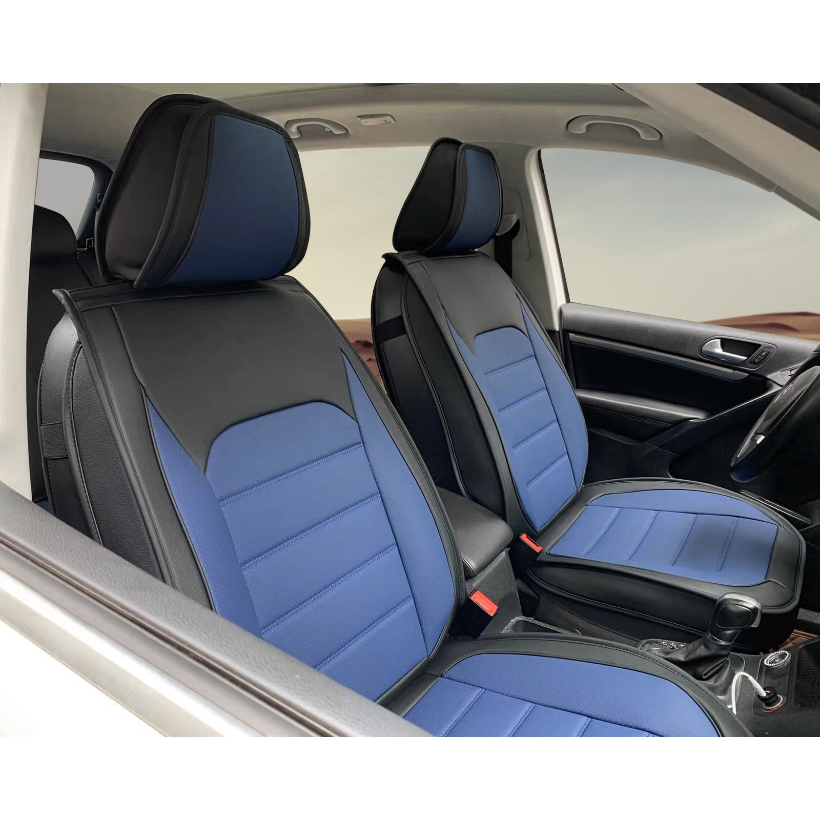 Ikon Motorsports Car Seat Covers Compatible with Universal 01 Style Black + Blue PU Leather Front & Rear Auto Seat Cover Cushion Protectors 5 Seats Full Set