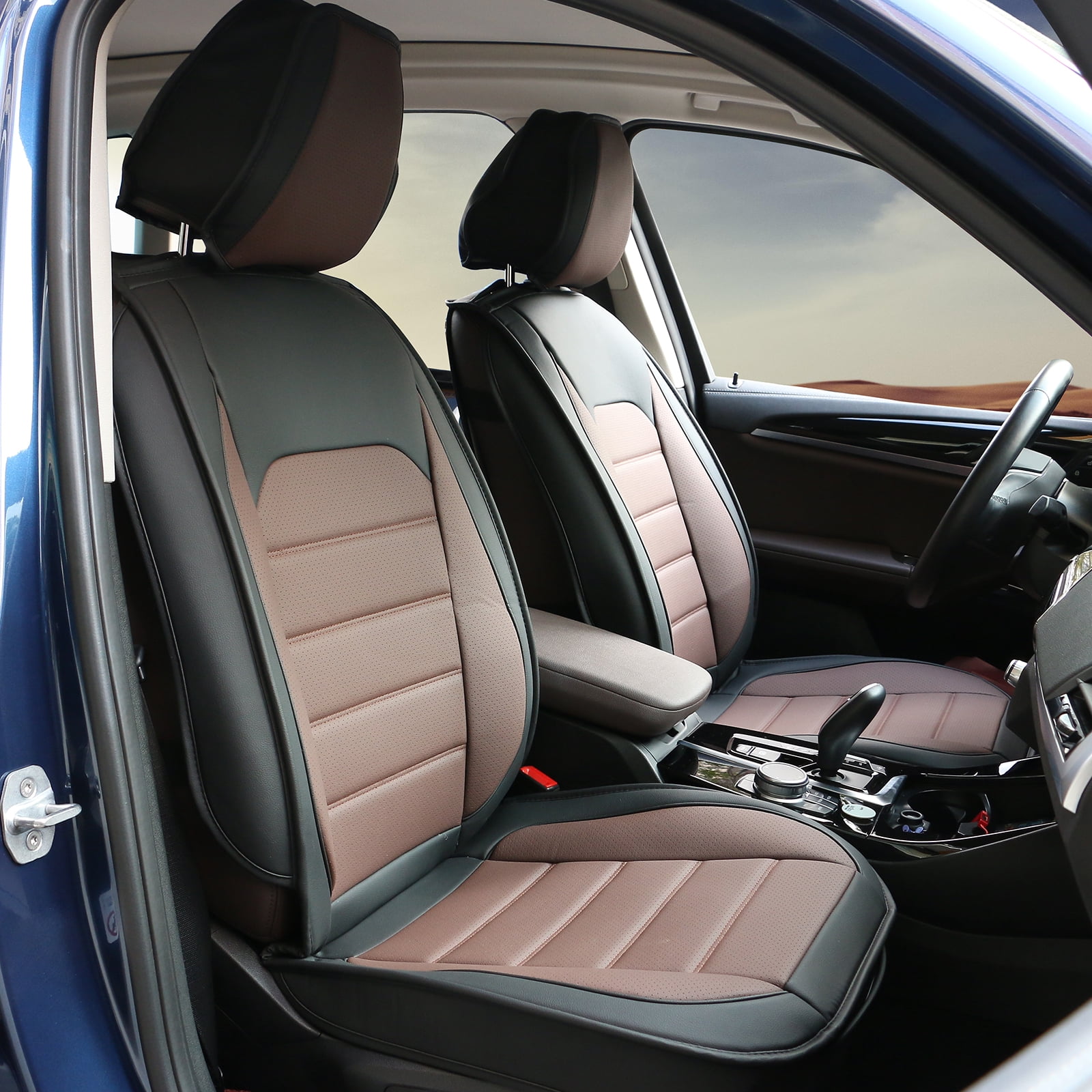 Ikon Motorsports Car Seat Covers Compatible with Universal 01 Style Black + Brown PU Leather Front & Rear Auto Seat Cover Cushion Protectors 5 Seats Full Set