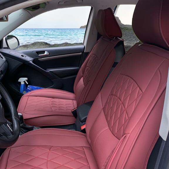 Ikon Motorsports Car Seat Covers With Lumbar Compatible With Universal 04B Style Red PU Leather Front Rear Row Seat Cover Cushion Protector 5 Seats Full Set
