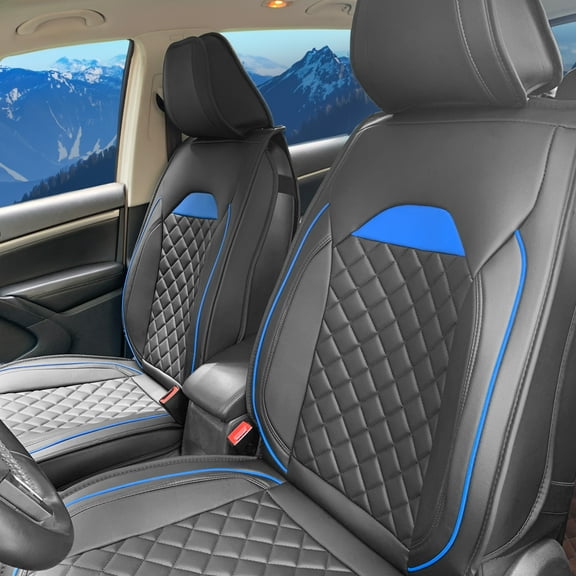 Ikon Motorsports Car Seat Covers Universal Fit 03 Style Black & Blue PU Leather First Back Row Auto Seat Cover Cushion Protectors 5-Seat Full Set