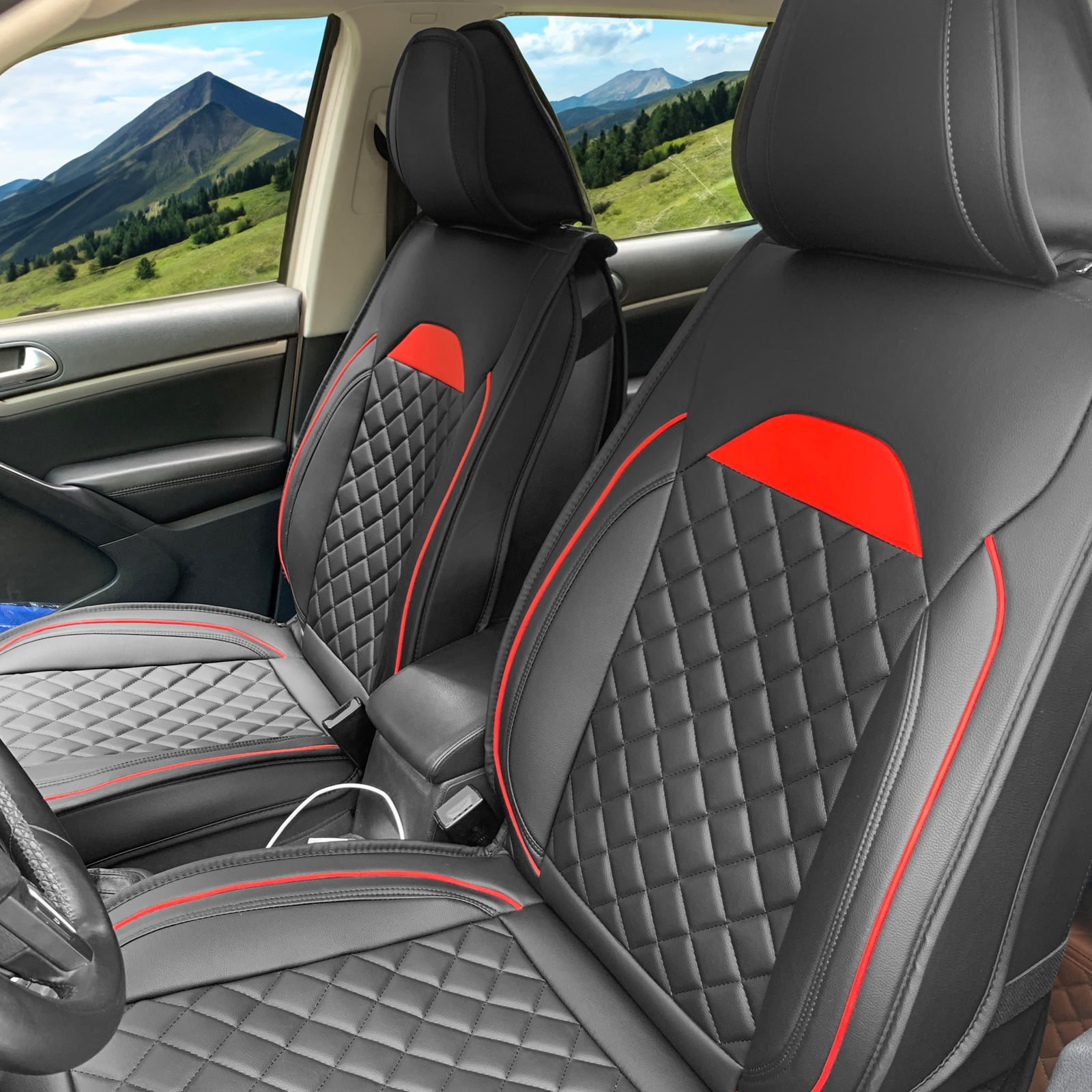 Ikon Motorsports Car Seat Covers Universal Fit 03 Style Black & Red PU Leather First Back Row Auto Seat Cover Cushion Protectors 5-Seat Full Set