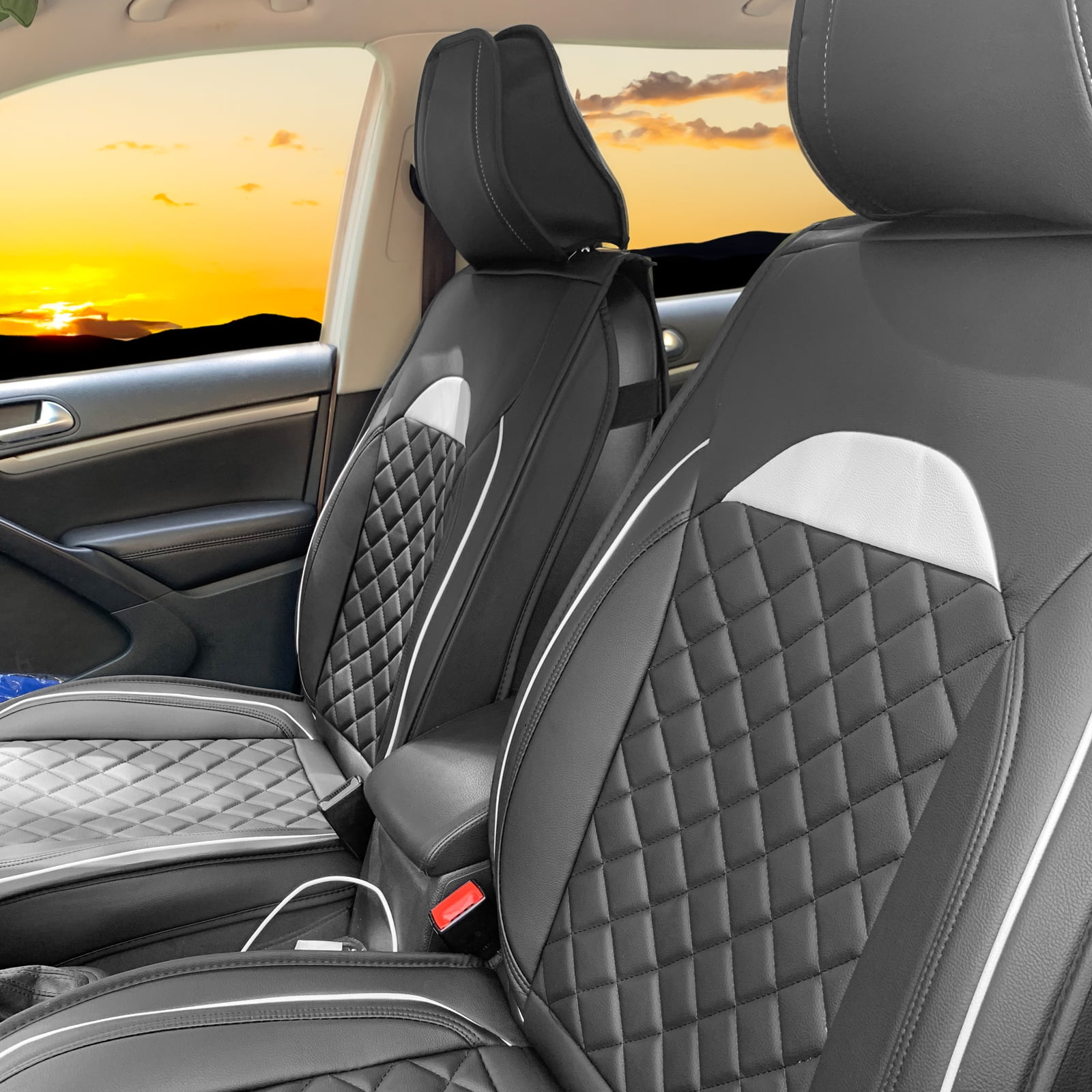 Ikon Motorsports Car Seat Covers Universal Fit 03 Style Black & White PU Leather First Back Row Auto Seat Cover Cushion Protectors 5-Seat Full Set