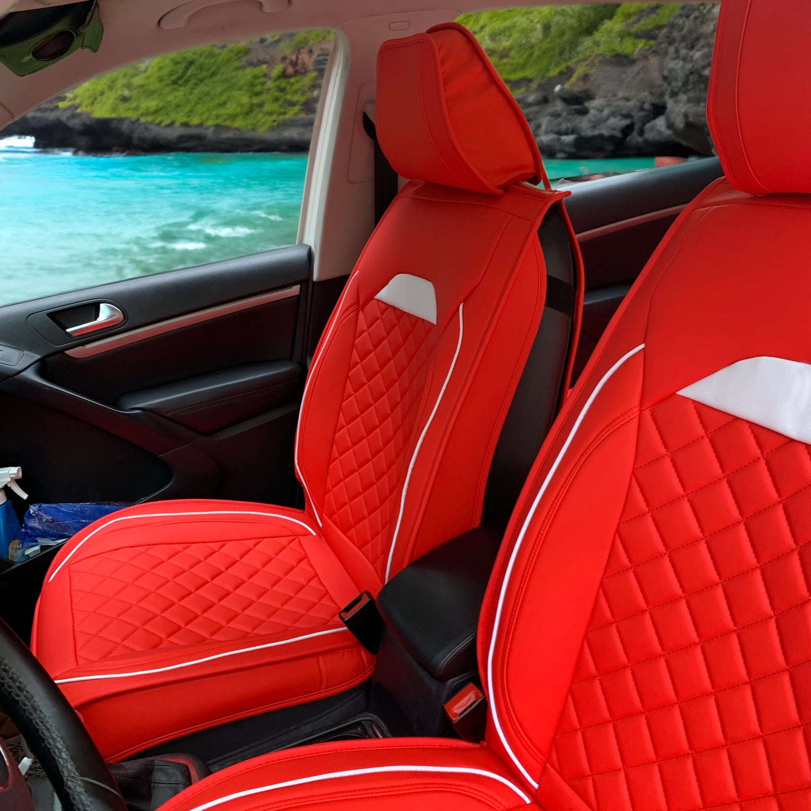 Ikon Motorsports Car Seat Covers Universal Fit 03 Style Red & White PU Leather First Back Row Auto Seat Cover Cushion Protectors 5-Seat Full Set