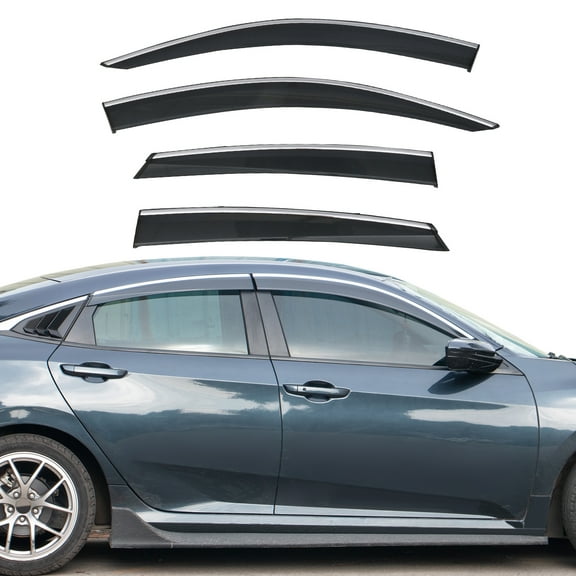 Ikon Motorsports Compatible with 16-21 Honda Civic Sedan Polycarbonate Window Vent Visor Deflector Rain Guard W/ Chrome Trim 4Pc Outside Mount 2016 2017 2018